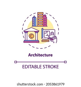 Architecture concept icon. Copyright object idea thin line illustration. Architects intellectual property protection. Plans, blueprints. Vector isolated outline RGB color drawing. Editable stroke