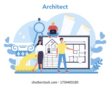 Architecture concept. Idea of building project and construction work. Scheme of house, engineer industry. Construction company business. Isolated flat vector illustration