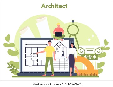El concepto de arquitectura. Idea de construcción y construcción. Esquema de la casa, industria de ingeniería. Empresa de construcción. Ilustración vectorial plana aislada