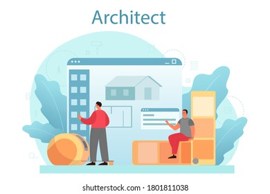 Architecture concept. Idea of building project and construction work. Scheme of house, engineer industry. Construction company business. Isolated flat vector illustration