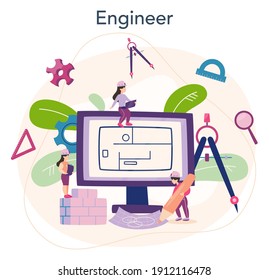 Architecture concept. Idea of building project and construction work. Scheme of house, engineer industry. Construction company business. Isolated flat vector illustration