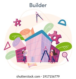 Architecture concept. Idea of building project and construction work. Scheme of house, engineer industry. Construction company business. Isolated flat vector illustration