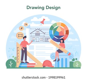 Architecture concept. Idea of building project and construction work. Scheme of house, drawing design. Construction company business, engineer industry. Isolated flat vector illustration