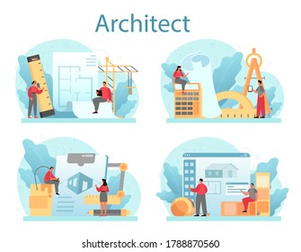 Architecture concept set. Idea of building project and construction work. Scheme of house, engineer industry. Construction company business. Isolated flat vector illustration