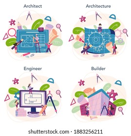 Architecture concept set. Idea of building project and construction work. Scheme of house, engineer industry. Construction company business. Isolated flat vector illustration