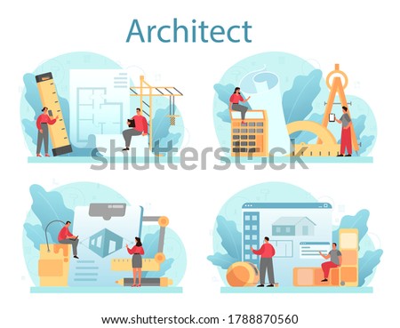 Architecture concept set. Idea of building project and construction work. Scheme of house, engineer industry. Construction company business. Isolated flat vector illustration