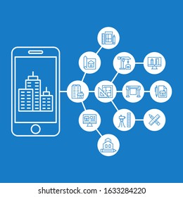 Architecture connection infographic concept. Construction and building vector line icons.