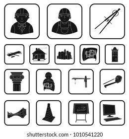 Architecture and construction black icons in set collection for design. Architect and equipment vector symbol stock web illustration.