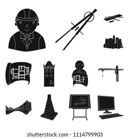 Architecture and construction black icons in set collection for design. Architect and equipment vector symbol stock web illustration.