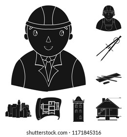 Architecture and construction black icons in set collection for design. Architect and equipment vector symbol stock web illustration.