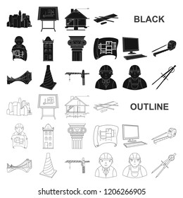 Architecture and construction black icons in set collection for design. Architect and equipment vector symbol stock web illustration.