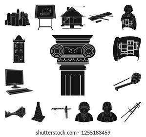 Architecture and construction black icons in set collection for design. Architect and equipment vector symbol stock web illustration.
