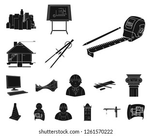 Architecture and construction black icons in set collection for design. Architect and equipment vector symbol stock web illustration.