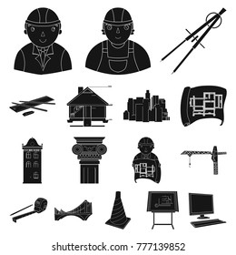 Architecture and construction black icons in set collection for design. Architect and equipment vector symbol stock web illustration.