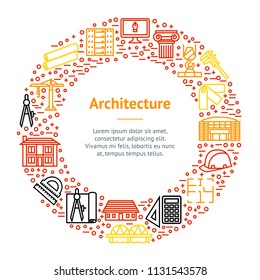 Architecture and Construction Building Thin Line Banner Card Circle Include of House, Equipment, Plan and Crane. Vector illustration