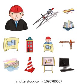 Architecture and construction cartoon icons in set collection for design. Architect and equipment vector symbol stock web illustration.