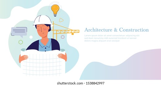 Architecture and Construction. Concept of architect holding drawing paper in construction site with helmet and crane vector