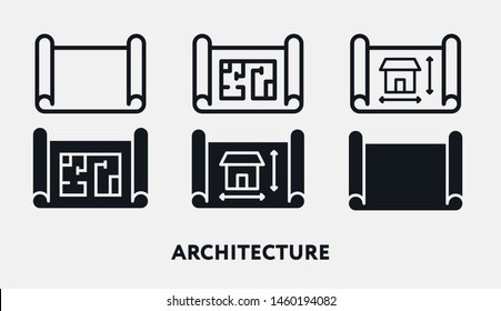 Architecture Construction Engineer Blueprint Roll. Flat Vector Icon Set.