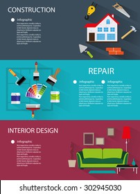 Architecture, construction, interior design conceptual backgrounds with icons and infographic elements