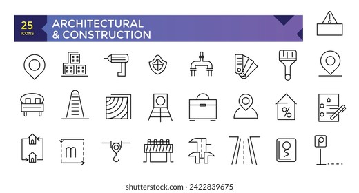 Conjunto de iconos vectoriales de diseño de líneas de construcción y arquitectura