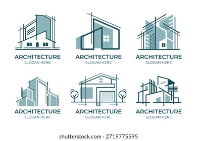 Conjunto de logotipo de arquitetura e construção, Modern House Sketch and Building Blueprint Bundle for Real Estate Branding and Architectural Firm Identity