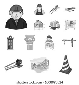 Architecture and construction monochrome icons in set collection for design. Architect and equipment vector symbol stock web illustration.