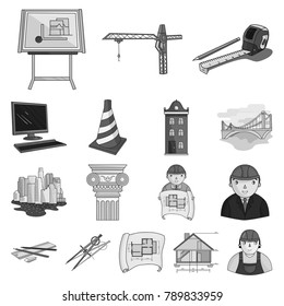 Architecture and construction monochrome icons in set collection for design. Architect and equipment vector symbol stock web illustration.