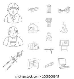 Architecture and construction outline icons in set collection for design. Architect and equipment vector symbol stock web illustration.