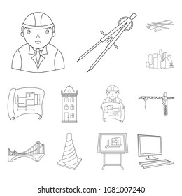 Architecture and construction outline icons in set collection for design. Architect and equipment vector symbol stock web illustration.