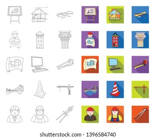 Architecture and construction outline,flat icons in set collection  design. Architect and equipment vector symbol stock web illustration.