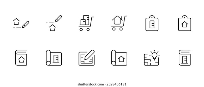 Conjunto de Ícones de Arquitetura e Planejamento de Construção. Uma coleção de ícones representando a arquitetura e o planejamento de construção, incluindo plantas, carrinhos, listas de verificação e ferramentas de design em um conjunto minimalista