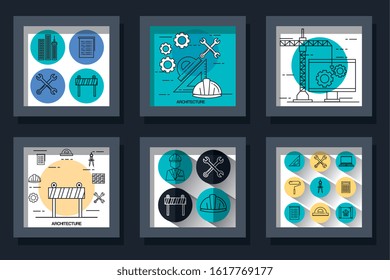 Architecture and construction set design of Working maintenance workshop repairing progress labor and industrial theme Vector illustration