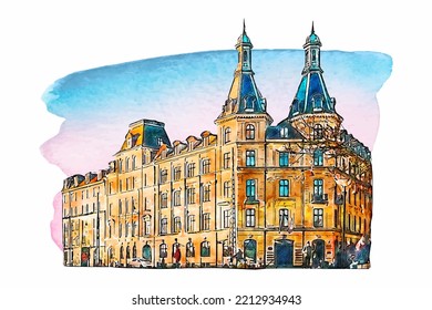 Architecture copenhagen denmark watercolor hand drawn illustration isolated on white background