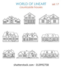 Architecture countryside house townhouse graphical line art style icon set. World of lineart collection.