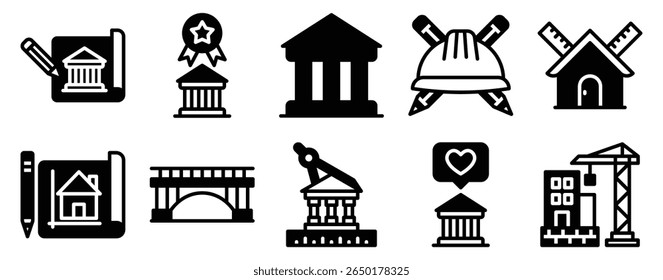 Architecture Day Icon Set Solid Style Collection representing architectural design and innovation suitable for events educational materials and professional showcases in architecture