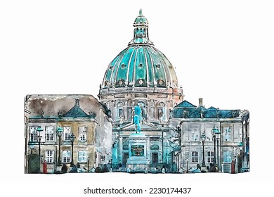 Architecture denmark watercolor hand drawn illustration isolated on white background