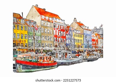 Architecture denmark watercolor hand drawn illustration isolated on white background