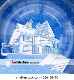 Architecture design: blueprint 3d house, plan & blue technology radial background - vector illustration