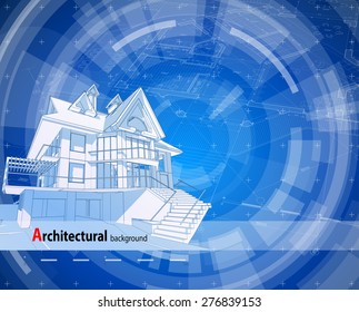 Architecture design: blueprint 3d house, plan & blue technology radial background - vector illustration