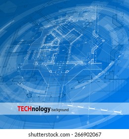 Diseño de arquitectura: plano de la casa blueprint y fondo radial de tecnología azul - ilustración vectorial