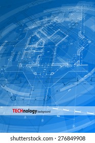 Architecture design: blueprint house plan & blue technology radial background - vector illustration