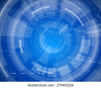 Diseño de arquitectura: plan de casa de proyecto y fondo radial de tecnología azul. ilustración vectorial