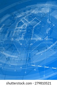 Architecture design: blueprint house plan & blue technology radial background. vector illustration