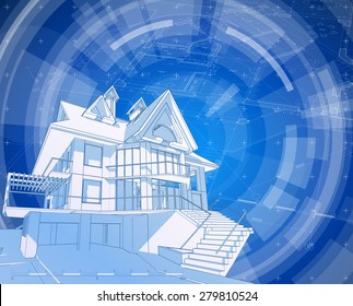 Diseño de arquitectura: casa de diseño, plan y fondo radial de tecnología azul. ilustración vectorial