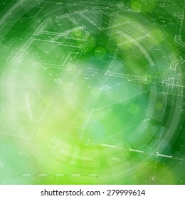Architecture design. blueprint house plan & blue technology radial background. vector illustration