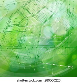 Architecture design. blueprint house plan and blue technology radial background. vector illustration