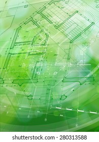 Architecture design: blueprint house plan & blue technology radial background - vector illustration