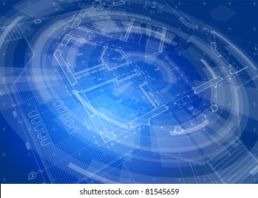 Architecture design: blueprint house plan & blue technology radial background - vector illustration. Eps 10
