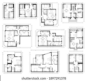 Architecture Design, Blueprint Plan. Set Of Different Black And White House Floor Plans Isolated On White