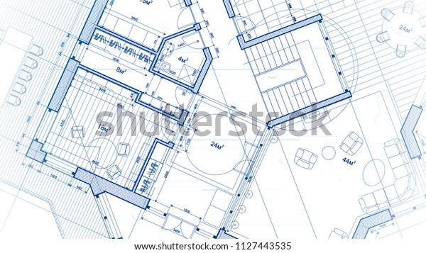 Architecture design: blueprint plan - vector\
illustration of a plan modern residential building / technology,\
industry, business concept illustration: real estate, building,\
construction,\
architecture